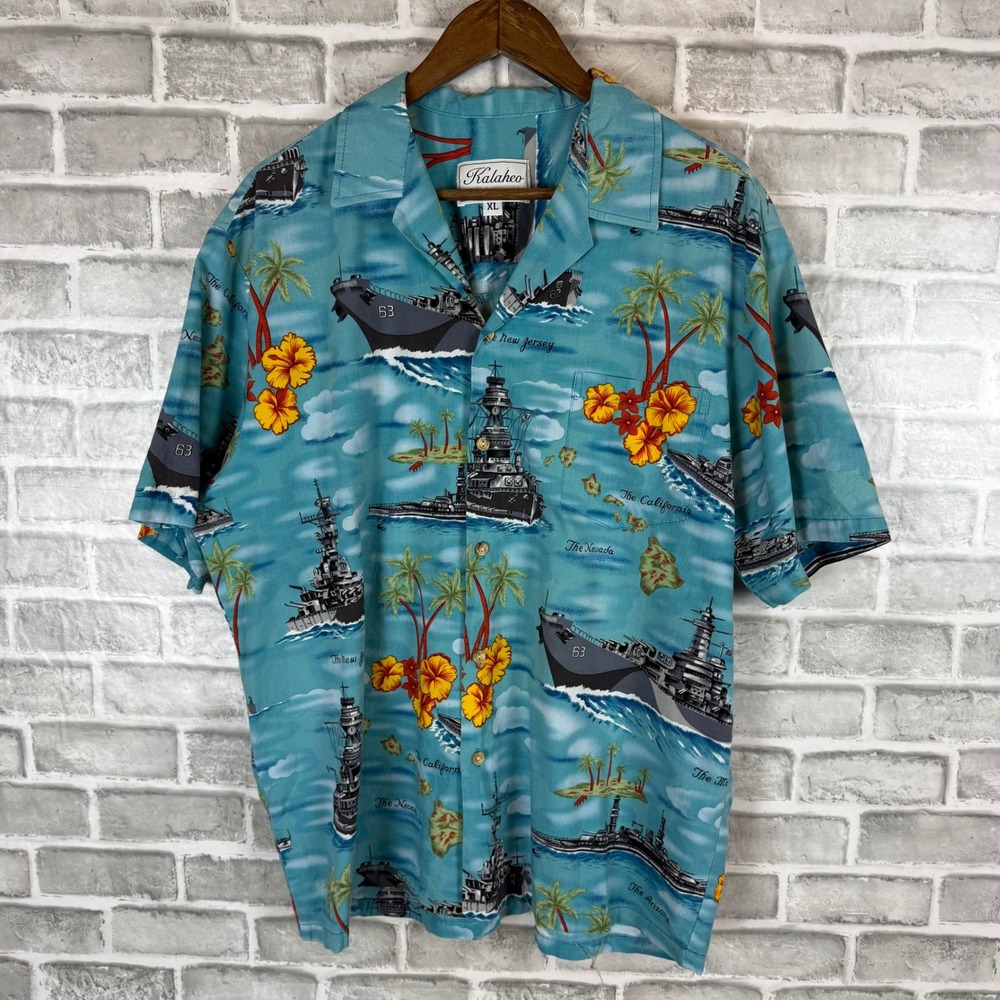 Kalaheo Mens XL Hawaiian Shirt US Navy Battleships Missouri Arizona Blue Cotton